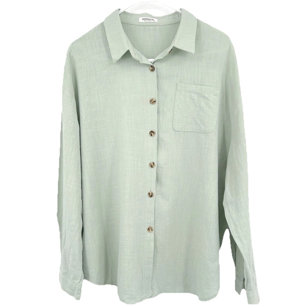 Wms Oversized Coastal Grandma Button Down Sage Green Cotton Shirt XXL Hotouch